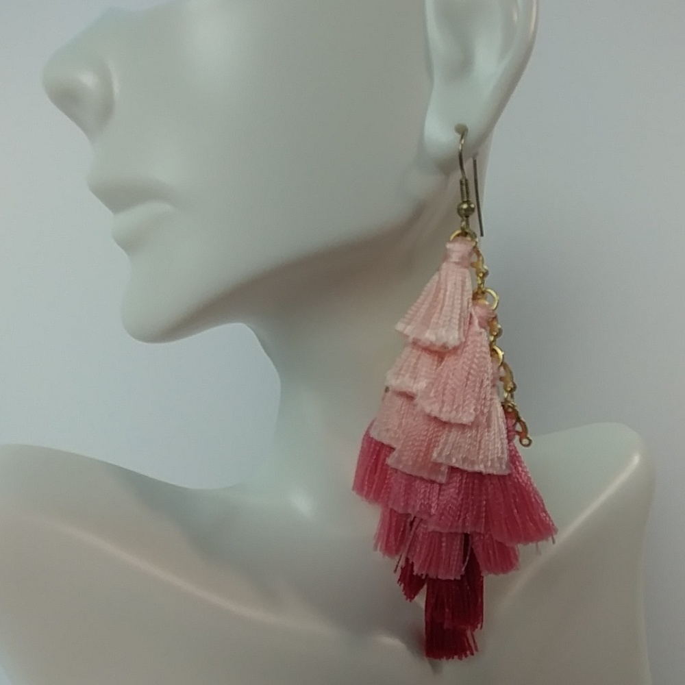 Women Pink Tired Tassel Statement Earrings